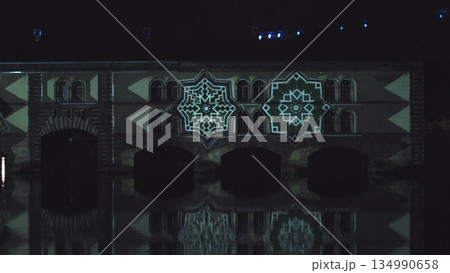 Very beautiful night laser show on the facade of the house. Beautiful laser and musical fountain show. 3D videomapping. Strasbourg, France. 134990658