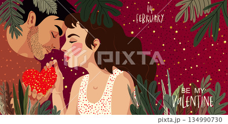 Happy romantic couple relationship. Love story. Valentines Day cute greeting card or poster. 134990730