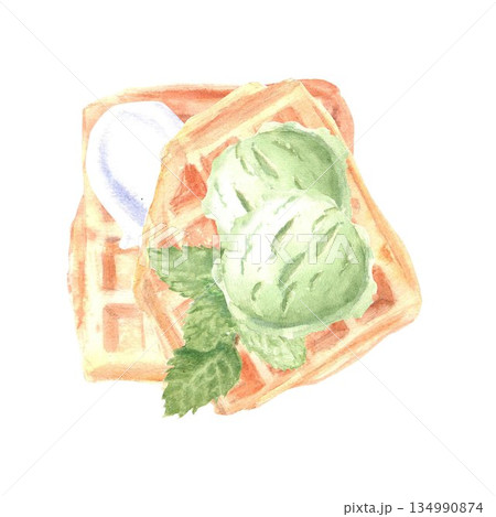 Belgian waffles with mint and pistachio ice cream hand drawn in watercolor on isolated background for menu design and advertising in store, bakery, confectionery, fabric, stickers 134990874