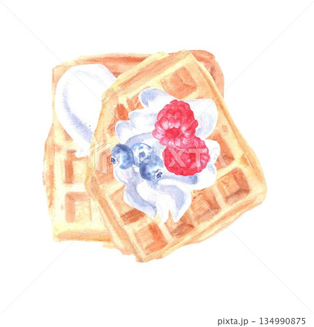 Belgian waffles with raspberries, blueberries and whipped cream hand drawn in watercolor on isolated background for menu design and advertising in store, bakery, confectionery, fabric, stickers Belgian waffles with raspberries, blueberries and whipped cream hand drawn in watercolor on isolated background for menu design and advertising in store, bakery, confectionery, fabric, stickers 134990875