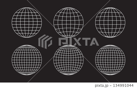 Set of simple white globe wireframes on black background. Orb models, sphere shapes, meshed balls. Earth planet or universe symbols with longitude and latitude lines. Vector graphic illustration 134991044