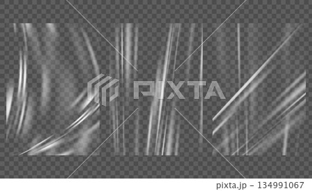 Vinyl clear film mockups. Transparent plastic foil cover with wrinkles. Textured overlay vector pvc material. Polyethylene and cellophane template for banner and poster. 134991067