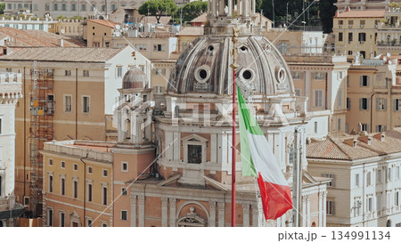 Italian Flag Waving Near Santissimo Nome di Maria Church Dome in Rome Italian Flag Waving Near Santissimo Nome di Maria Church Dome in Rome 134991134