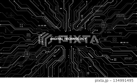 Electronic circuit board background with central text block space. 134991495