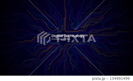 Purple and blue digital circuit board design with central copy space Purple and blue digital circuit board design with central copy space 134991499