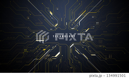 Gold circuit board background with central text space. 134991501