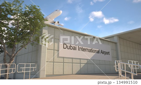 Dubai International Airport entrance sign and airplane passing above on a summer day, Dubai, United Arab Emirates 3D rendering Dubai International Airport entrance sign and airplane passing above on a summer day, Dubai, United Arab Emirates 3D rendering 134991510