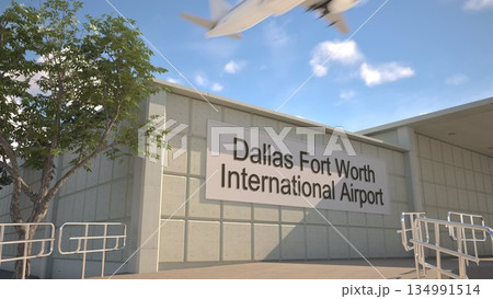 Dallas Fort Worth International Airport entrance sign and airplane passing above on a summer day, Dallas Fort Worth, United States 3D rendering 134991514