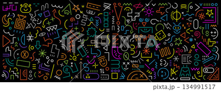 Funny faces signs and symbols geometric flat line shapes school education abstract vector background multicolored design elements Funny faces signs and symbols geometric flat line shapes school education abstract vector background multicolored design elements 134991517