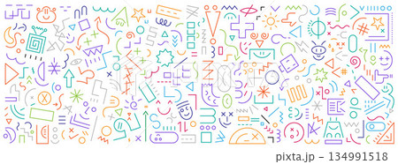 Funny faces signs and symbols geometric flat line shapes school education abstract vector background multicolored design elements 134991518