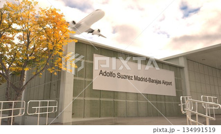 Adolfo Suarez Madrid Barajas Airport sign on terminal building with autumn tree and airplane, Madrid, Spain 3D rendering Adolfo Suarez Madrid Barajas Airport sign on terminal building with autumn tree and airplane, Madrid, Spain 3D rendering 134991519