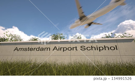Arrivals at Amsterdam Airport Schiphol with airplane landing near terminal, Amsterdam, Netherlands 3D rendering 134991526