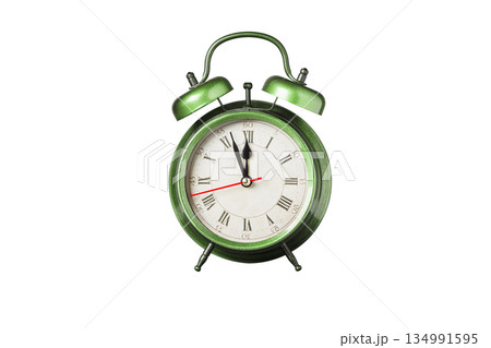 retro clock, pointer clock, green color alarm clock on isolated white background retro clock, pointer clock, green color alarm clock on isolated white background 134991595