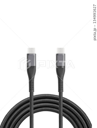Black cable for charging and synchronization with Type - C, USB, Micro USB, Lightning connectors on a white background Black cable for charging and synchronization with Type - C, USB, Micro USB, Lightning connectors on a white background 134991627