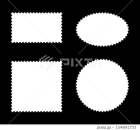 Postage stamp frames template. Backdrops for postcards, letters, empty borders. Circle and oval and rectangular blank vintage stamps. Coupons, boxes, label, tags with wiggly, wavy perforated edges. Postage stamp frames template. Backdrops for postcards, letters, empty borders. Circle and oval and rectangular blank vintage stamps. Coupons, boxes, label, tags with wiggly, wavy perforated edges. 134991755