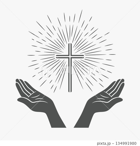 Vector Black and White Open Hands with Cross. Symbol of Faith and Prayer. Design Template for Church Logo. Prayer, Religion Concept. Monochrome Cut Out Silhouette Icon. Vector Illustration 134991980