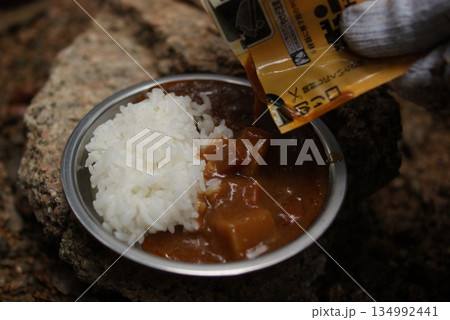 岩の上で盛り付けられた温かいカレーライス 岩の上で盛り付けられた温かいカレーライス 134992441