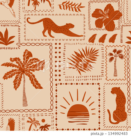 Tropical patchwork seamless pattern. Vector summer jungle print, leopard, palms framed. Brown beach background 134992483