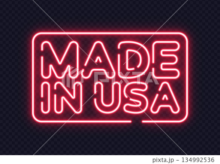 Bright neon label made in USA with glowing effect and bold outline. Stylish retro light sign for patriotic or commercial use. 134992536