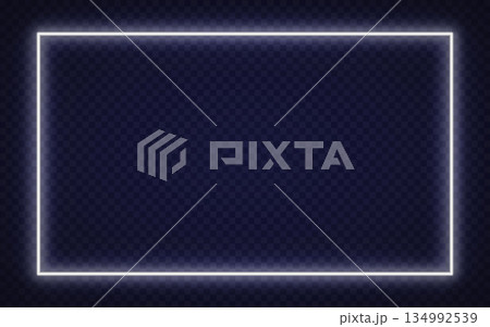 Glowing white neon rectangle with soft purple shine, ideal for modern digital interfaces or nightlife design. 134992539