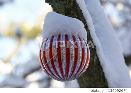 Large, Snow-Covered Christmas Ornament on a Outdoor Tree Large, Snow-Covered Christmas Ornament on a Outdoor Tree 134992674