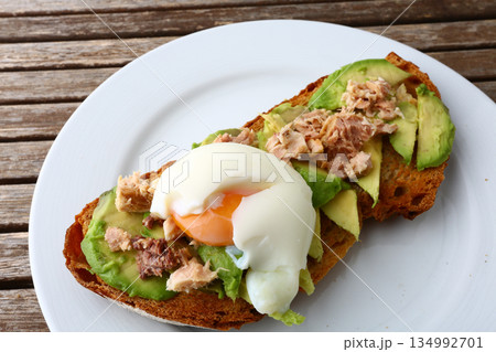 homemade breakfast with bread salmon ham eggs or chocolate in the morning homemade breakfast with bread salmon ham eggs or chocolate in the morning 134992701