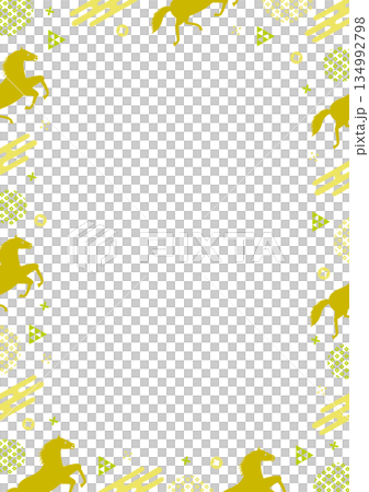 午年をイメージした走る馬と和柄のPOPなフレーム_白背景_緑 午年をイメージした走る馬と和柄のPOPなフレーム_白背景_緑 134992798