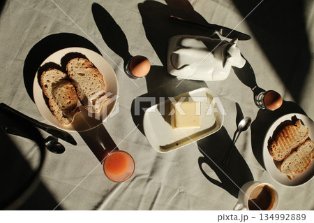 homemade breakfast with bread salmon ham eggs or chocolate in the morning homemade breakfast with bread salmon ham eggs or chocolate in the morning 134992889
