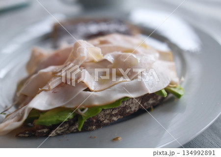 homemade breakfast with bread salmon ham eggs or chocolate in the morning homemade breakfast with bread salmon ham eggs or chocolate in the morning 134992891