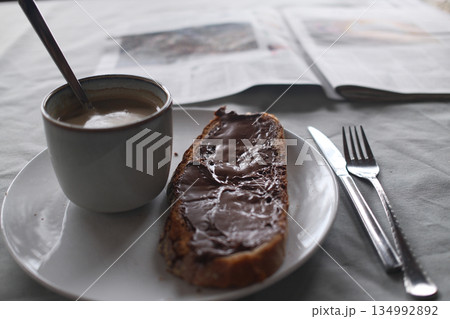 homemade breakfast with bread salmon ham eggs or chocolate in the morning 134992892