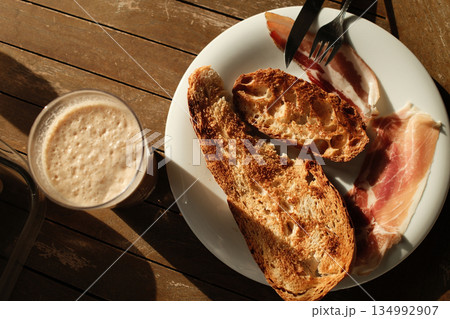 homemade breakfast with bread salmon ham eggs or chocolate in the morning 134992907
