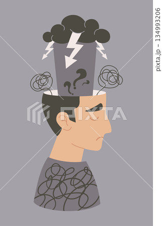 Mental Health. Man Stress Anxiety Crisis. Sad Male Character with Cloud, Lightning and Tangled Thoughts from his head. emotional pain, confusion, Depression. Vector Illustration. Not AI Mental Health. Man Stress Anxiety Crisis. Sad Male Character with Cloud, Lightning and Tangled Thoughts from his head. emotional pain, confusion, Depression. Vector Illustration. Not AI 134993206
