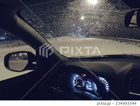 Ice And Snow On The Frozen Windshield Of Car On The Night Road   134993544