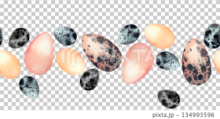 Watercolor easter egg border with speckled and pastel eggs. Spring holiday decoration for greeting card and festive design. High quality illustration 134993596