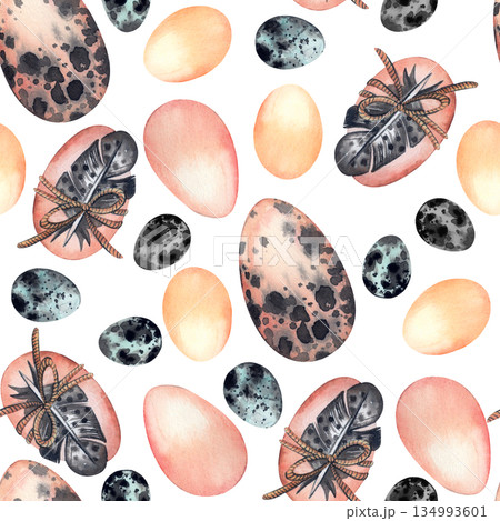 Watercolor seamless pattern with various chicken and speckled bird eggs. Spring Easter holiday background with decorative feathers for greeting card. High quality illustration 134993601