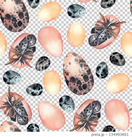 Watercolor seamless pattern with various chicken and speckled bird eggs. Spring Easter holiday background with decorative feathers for greeting card. High quality illustration 134993601