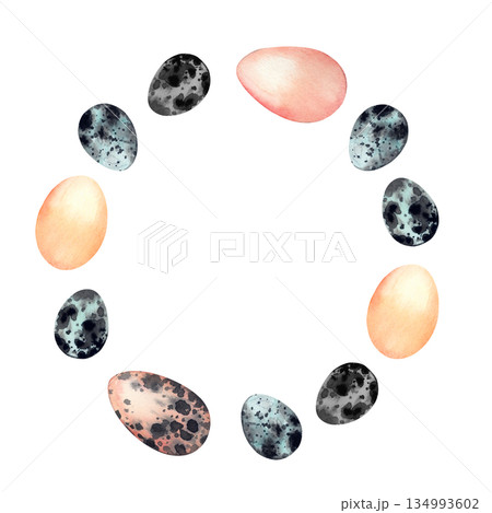 Watercolor illustration of bird eggs in a circular frame pattern. Natural and speckled egg design for Easter greeting card and spring holiday decoration. High quality illustration Watercolor illustration of bird eggs in a circular frame pattern. Natural and speckled egg design for Easter greeting card and spring holiday decoration. High quality illustration 134993602