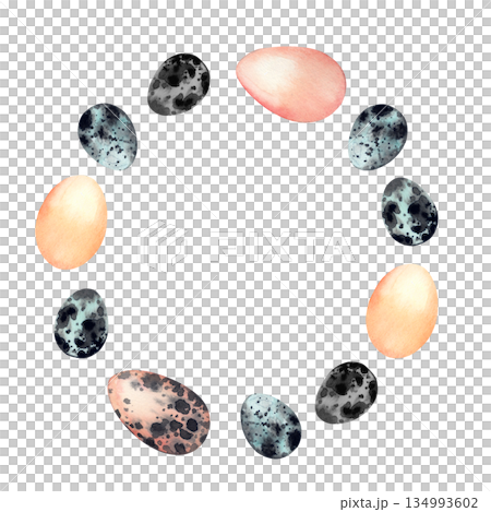 Watercolor illustration of bird eggs in a circular frame pattern. Natural and speckled egg design for Easter greeting card and spring holiday decoration. High quality illustration 134993602