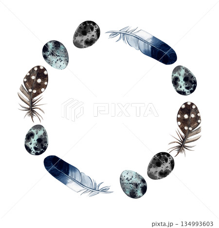 Watercolor bird egg and feather wreath isolated on white background for Easter decoration and nature themed design element. High quality illustration 134993603