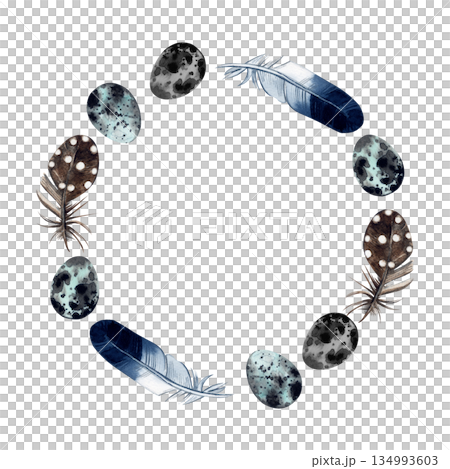 Watercolor bird egg and feather wreath isolated on white background for Easter decoration and nature themed design element. High quality illustration 134993603