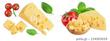 piece of cheese isolated on white background . Top view. Flat lay piece of cheese isolated on white background . Top view. Flat lay 134993659