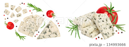 Blue cheese slices with rosemary isolated on white background . Top view with copy space for your text . Flat lay. 134993666