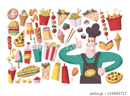Popular street food stickers hand drawn set with satisfied master chef character gesturing thumbsup 134993717