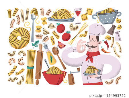 Hand drawn sticker set featuring various pasta types, Italian food elements and chef character 134993722