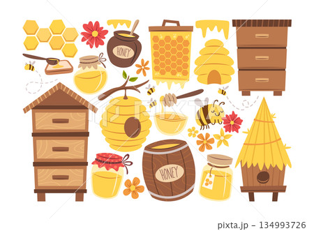 Apiary business, organic farming, natural honey essential bee products and tools cartoon set 134993726