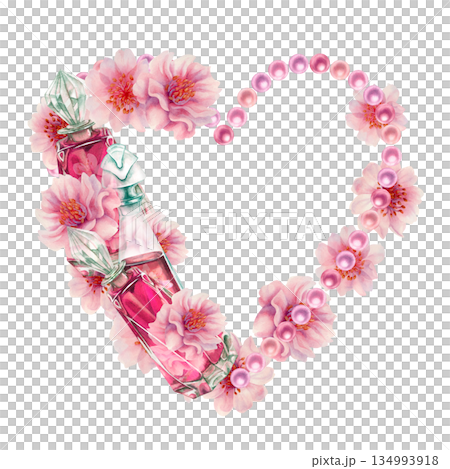 Pink floral hearts of cherry blossoms, glass perfume, pearls. Watercolor illustration templates for weddings, Valentine's Day, Mother's Day, birthdays, Hanami, frames, borders, postcards, greetings, 134993918