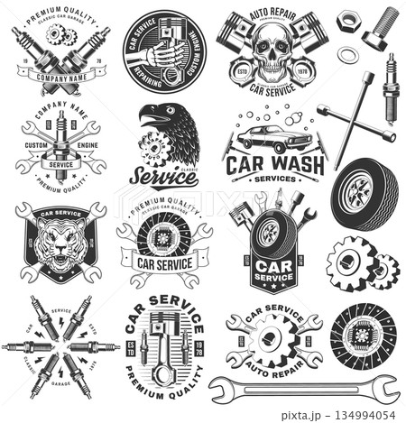 Auto service logo, emblems, badges and icons. Vector. For expert service car repair center, restoration and car club with wrench, gears, spark plug, skull, automobile tools pistons silhouette Auto service logo, emblems, badges and icons. Vector. For expert service car repair center, restoration and car club with wrench, gears, spark plug, skull, automobile tools pistons silhouette 134994054