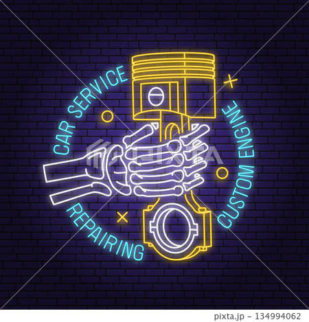Auto service logo, emblem, badge in neon style. Vector. Car repair center, restoration and car club with Human skeleton hand holding automobile tools pistons. Auto repair emblem sign, night bright 134994062
