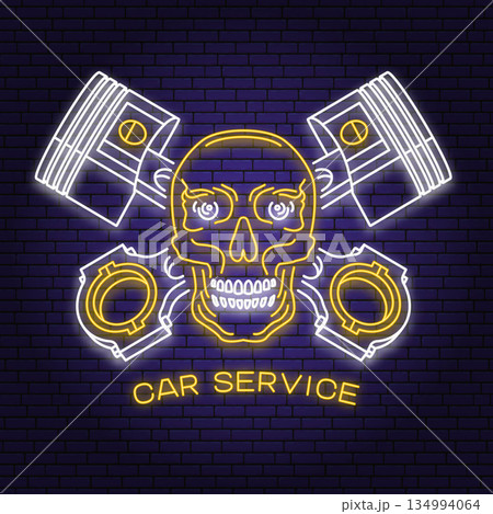 Auto service logo, emblem, badge in neon style. Vector. For expert service car repair center, restoration and car club with skull, automobile tools pistons. Auto repair emblem sign, night bright 134994064