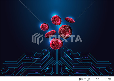 Digital Erythrocytes Over Circuit Board. AI Hematology, Biotech and Medtech Innovation Vector Digital Erythrocytes Over Circuit Board. AI Hematology, Biotech and Medtech Innovation Vector 134994276